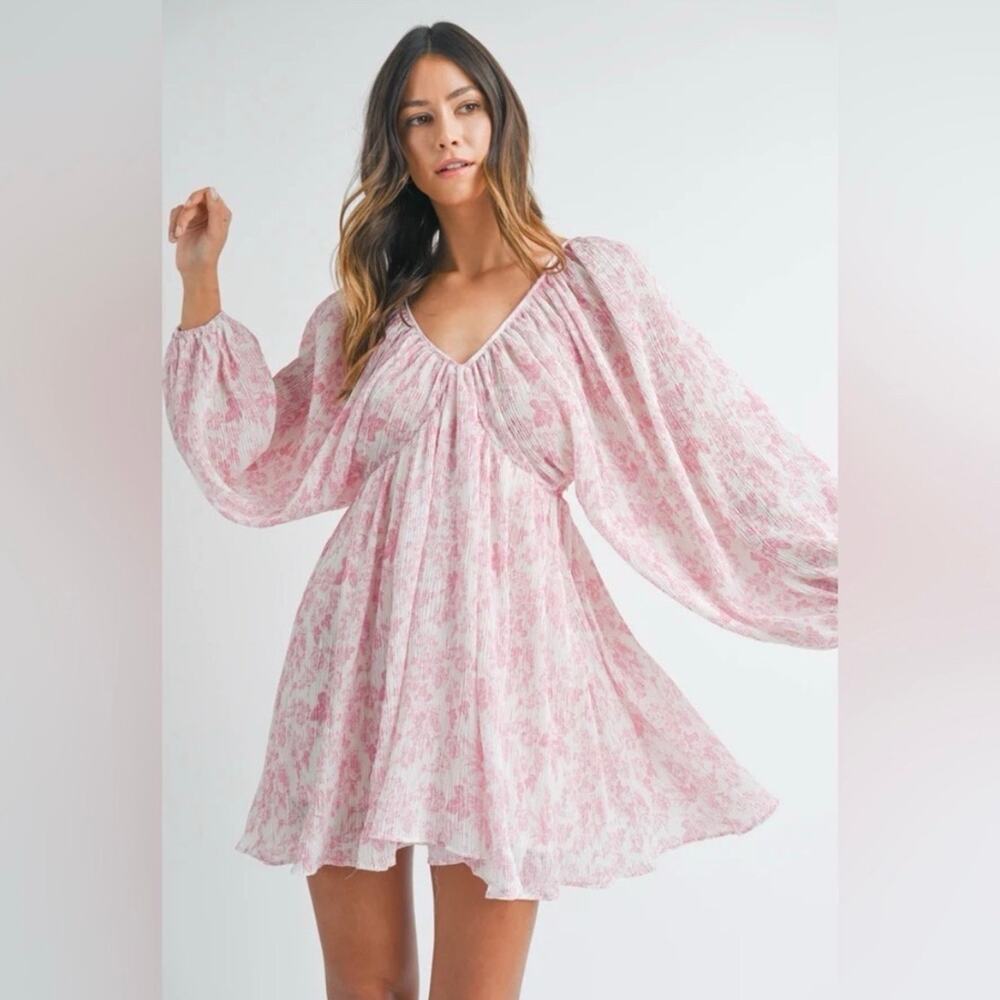 Mable Flowy Pink Floral Draping Long Sleeve Dress Womens Medium